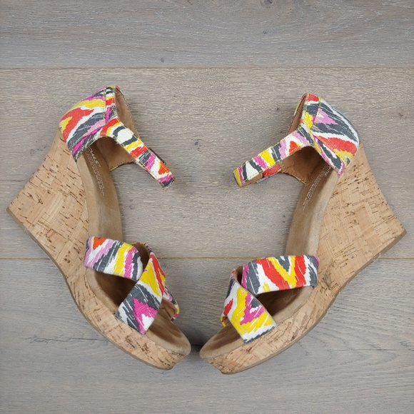 Toms Cork Wedge Canvas Multi Color Print Sandals - Picture 2 of 8